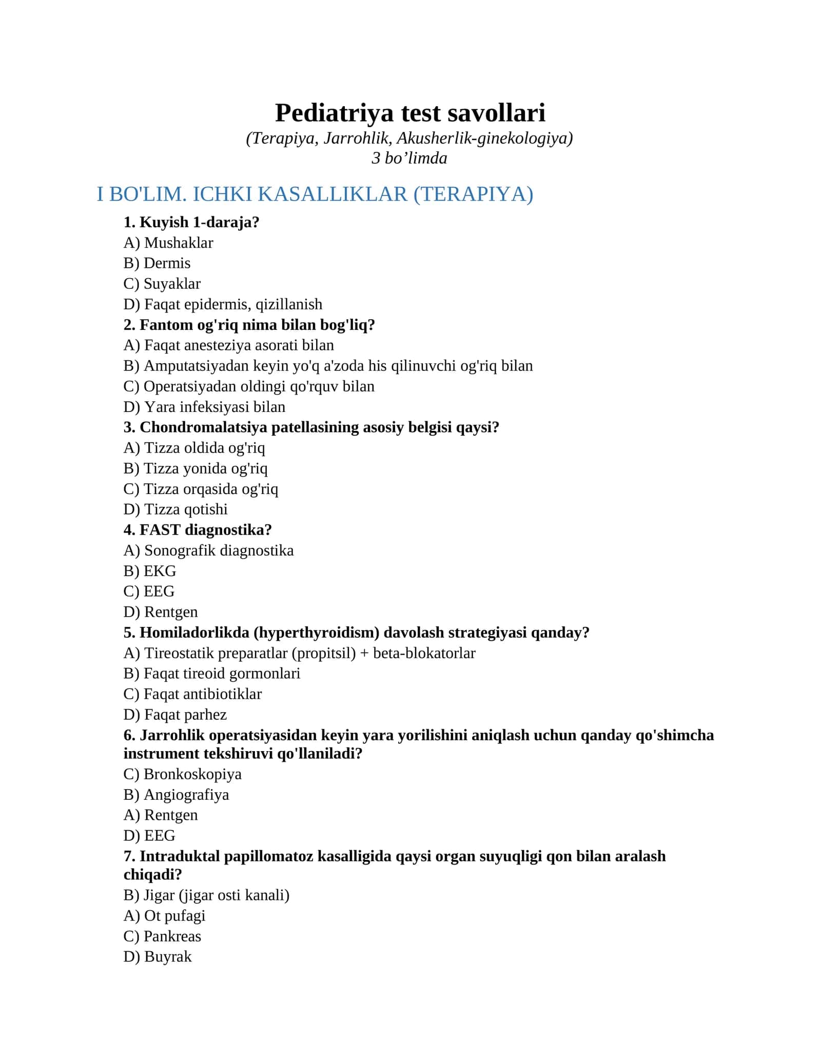 Pediatriya test savollari 1