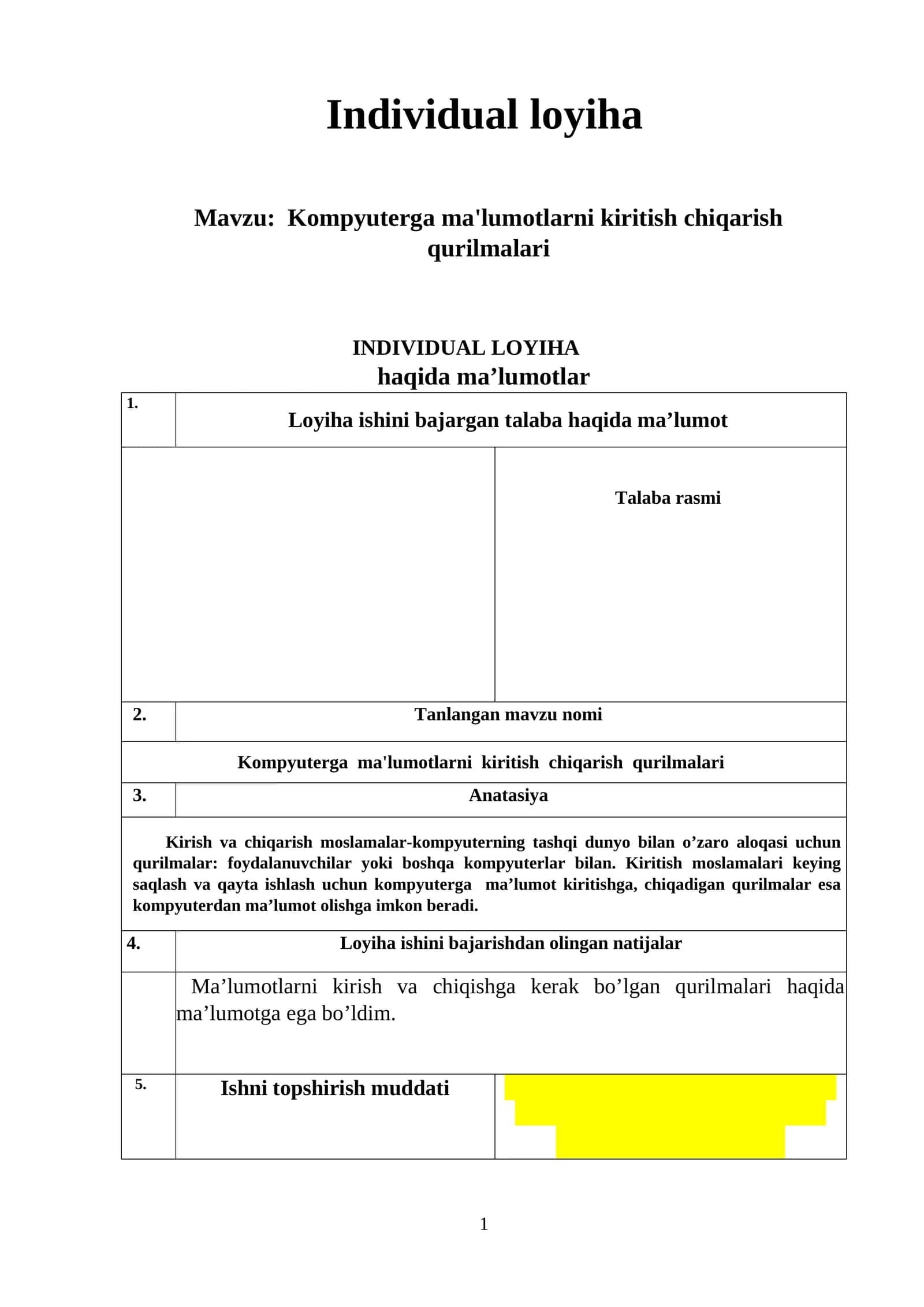 Kompyuterga ma'lumotlarni kiritish chiqarish qurilmalari 1