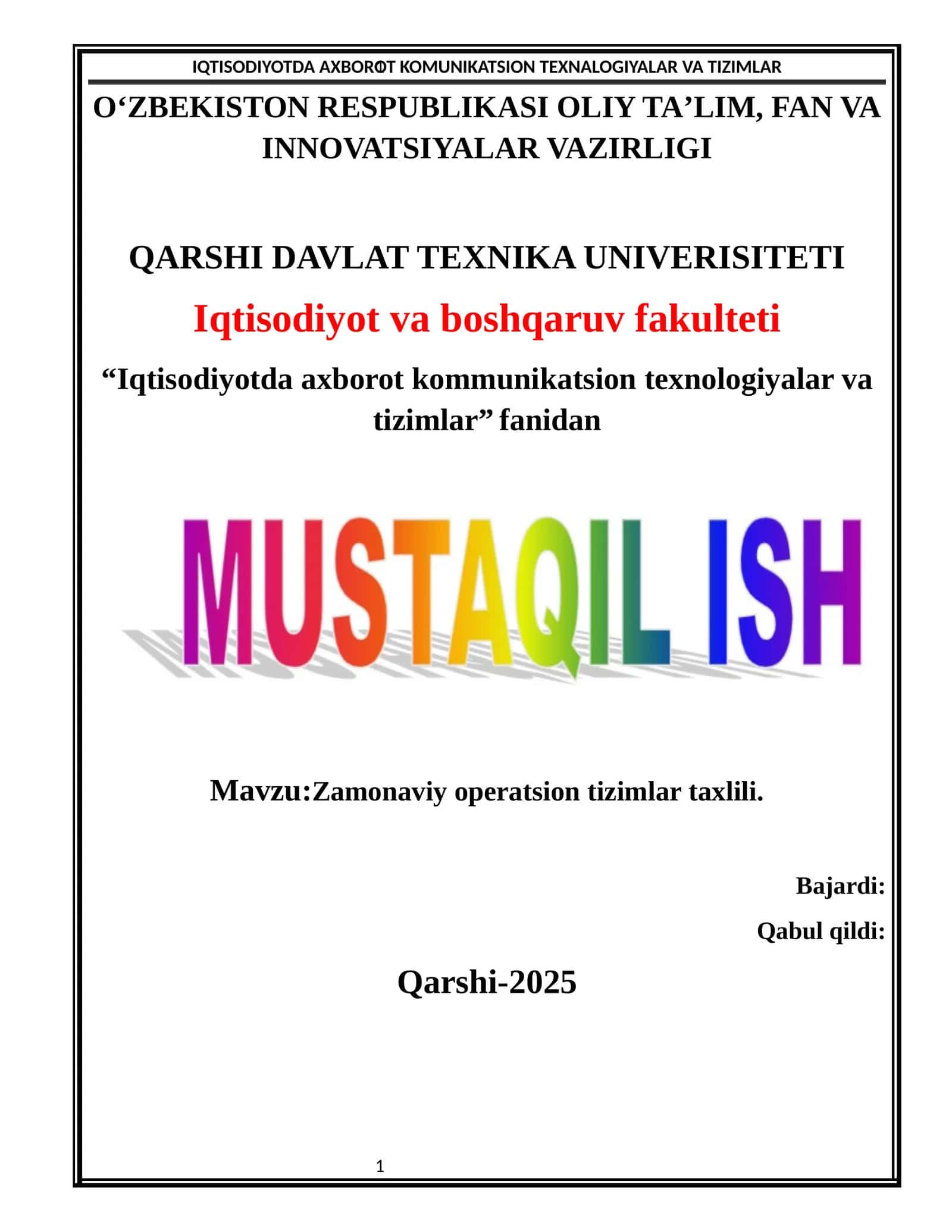 Zamonaviy operatsion tizimlar taxlili 1