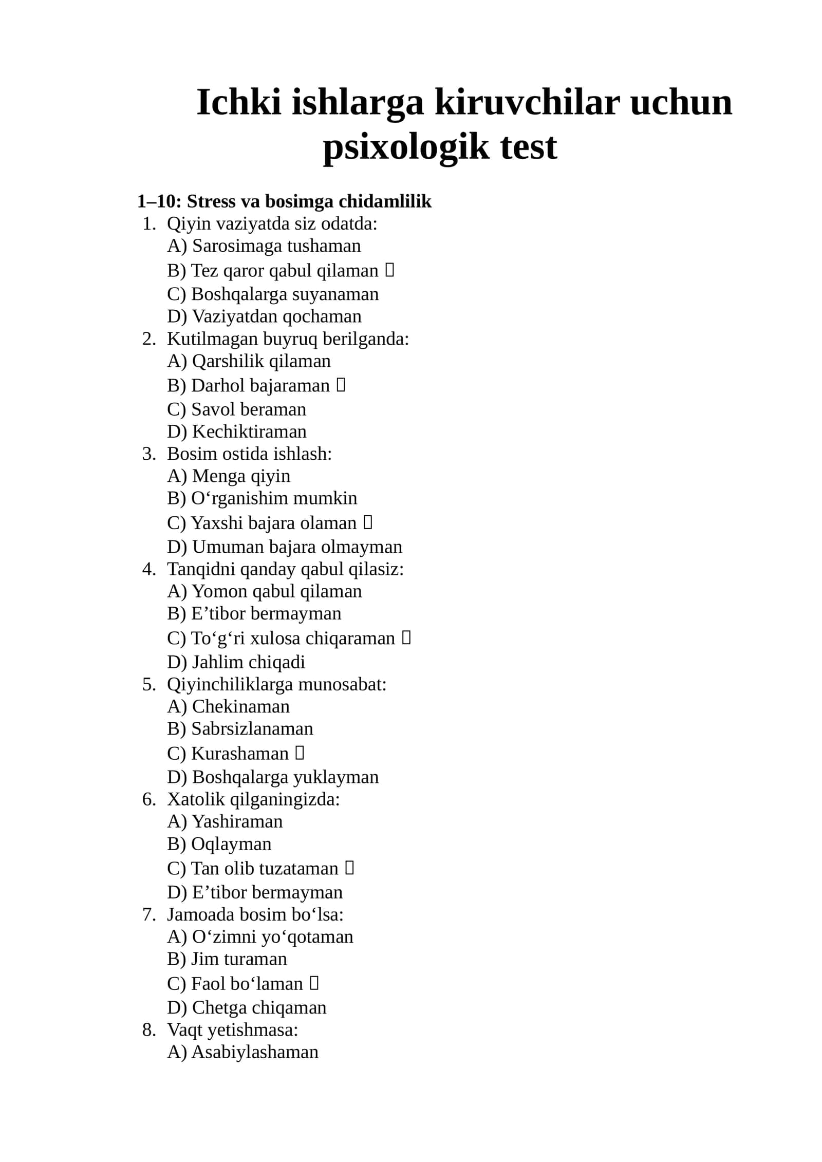 Ichki ishlarga kiruvchilar uchun psixologik test 1