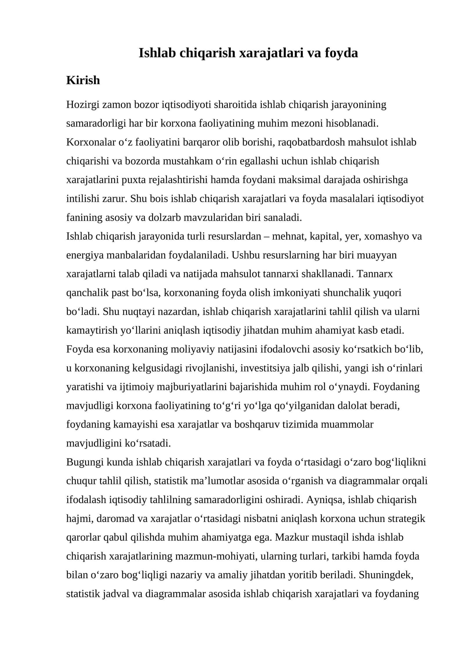 Ishlab chiqarish xarajatlari va foyda 1