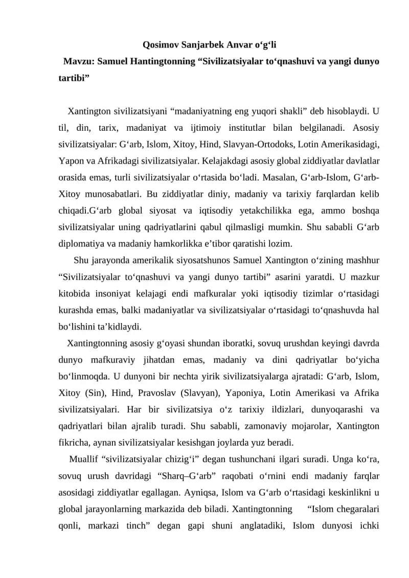 Samuel Xantingtonning “Sivilizatsiyalar to‘qnashuvi va yangi dunyo tartibi” 1