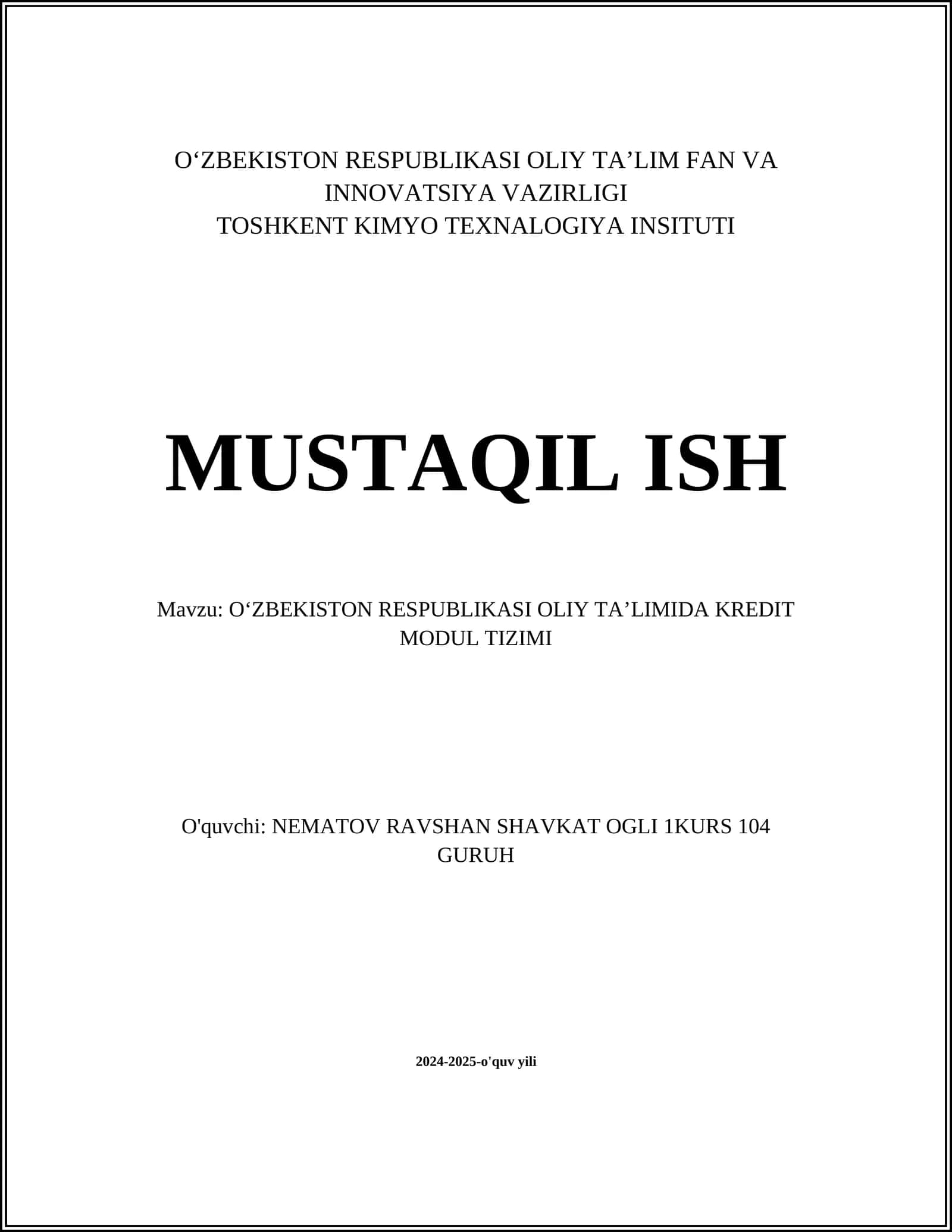 O‘ZBEKISTON RESPUBLIKASI OLIY TA’LIMIDA KREDIT MODUL TIZIMI 1