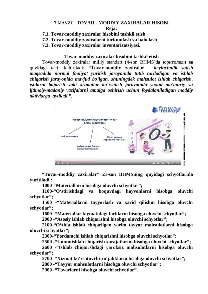 MAVZU. TOVAR - MODDIY ZAXIRALAR HISOBI 1
