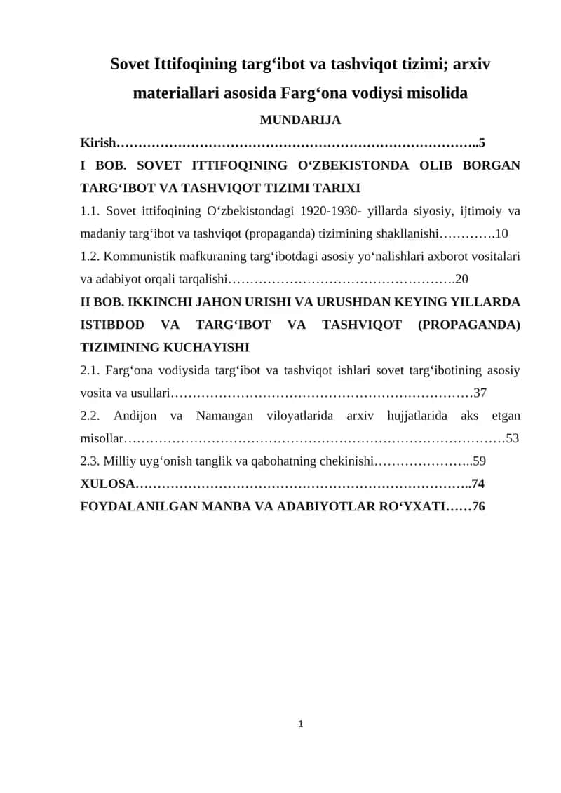 Sovet Ittifoqining targ‘ibot va tashviqot tizimi; arxiv materiallari asosida Farg‘ona vodiysi misolida 1