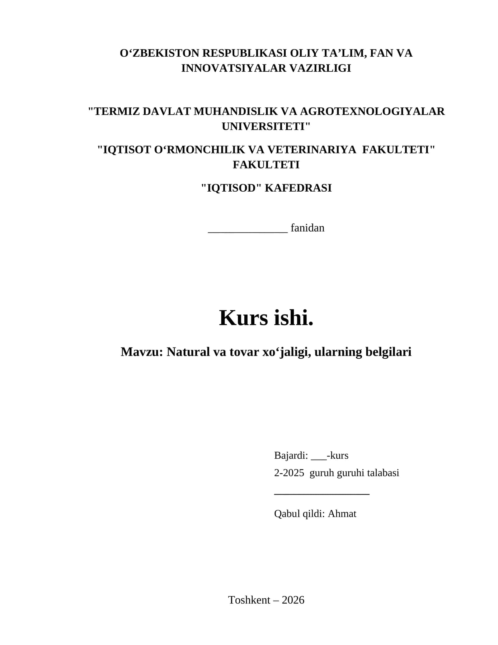 Natural va tovar xoʻjaligi, ularning belgilari 1