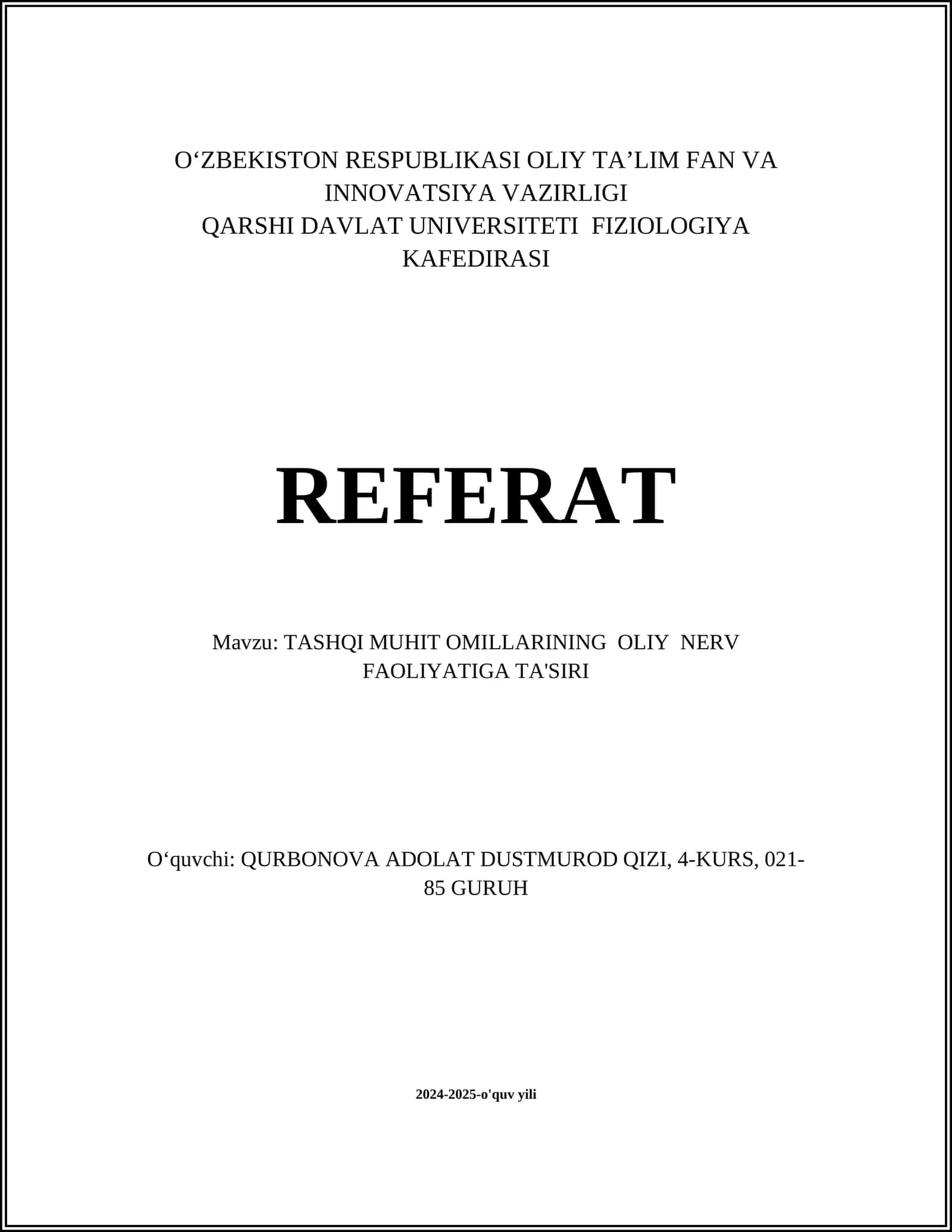 TASHQI MUHIT OMILLARINING OLIY NERV FAOLIYATIGA TA'SIRI 1