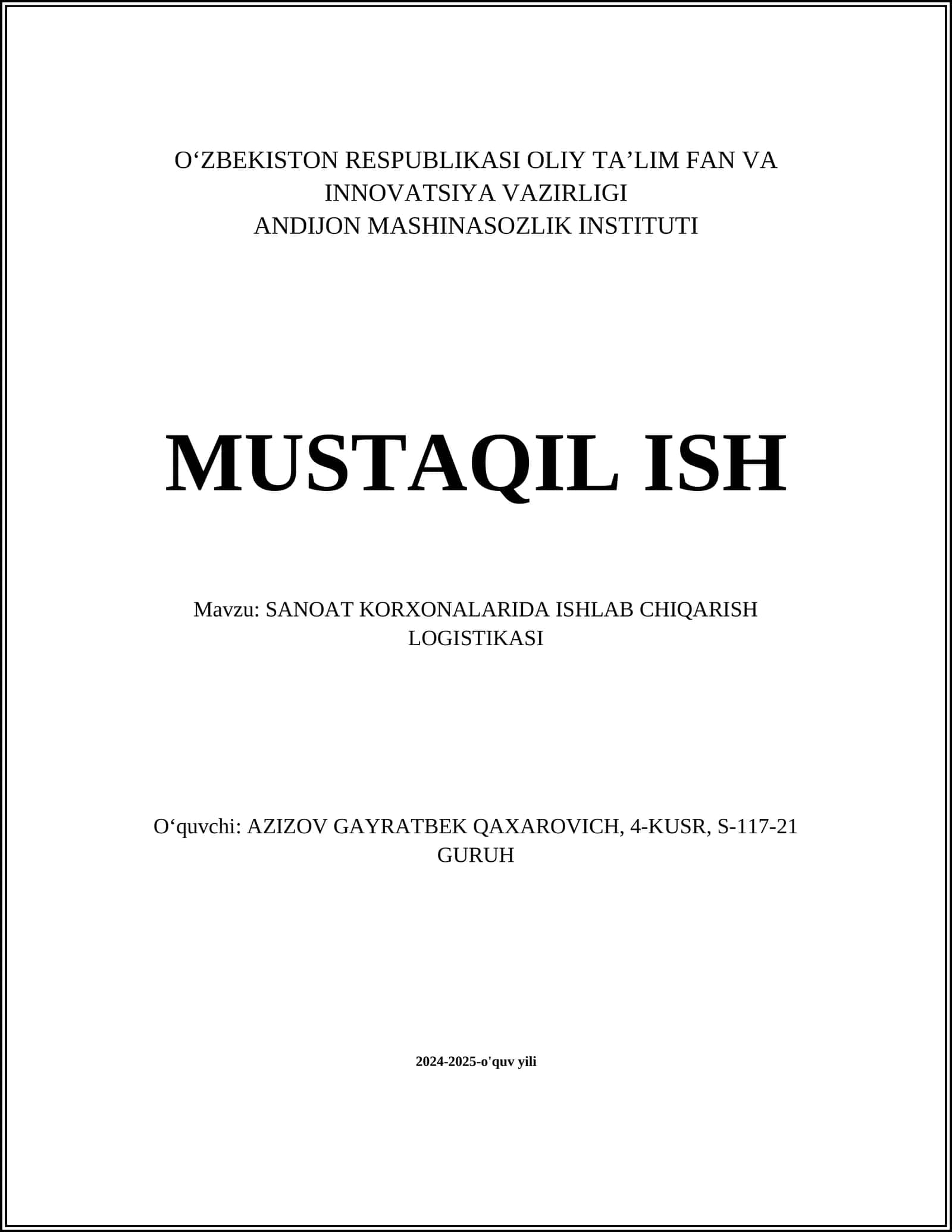 SANOAT KORXONALARIDA ISHLAB CHIQARISH LOGISTIKASI 1
