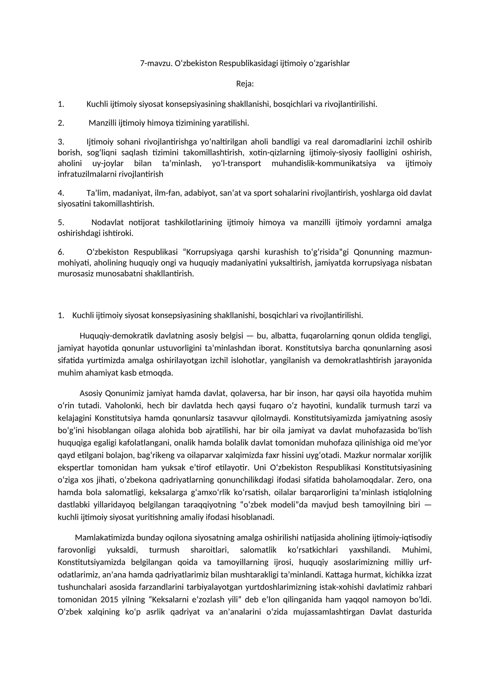 O‘zbekiston Respublikasidagi ijtimoiy o‘zgarishlar 1