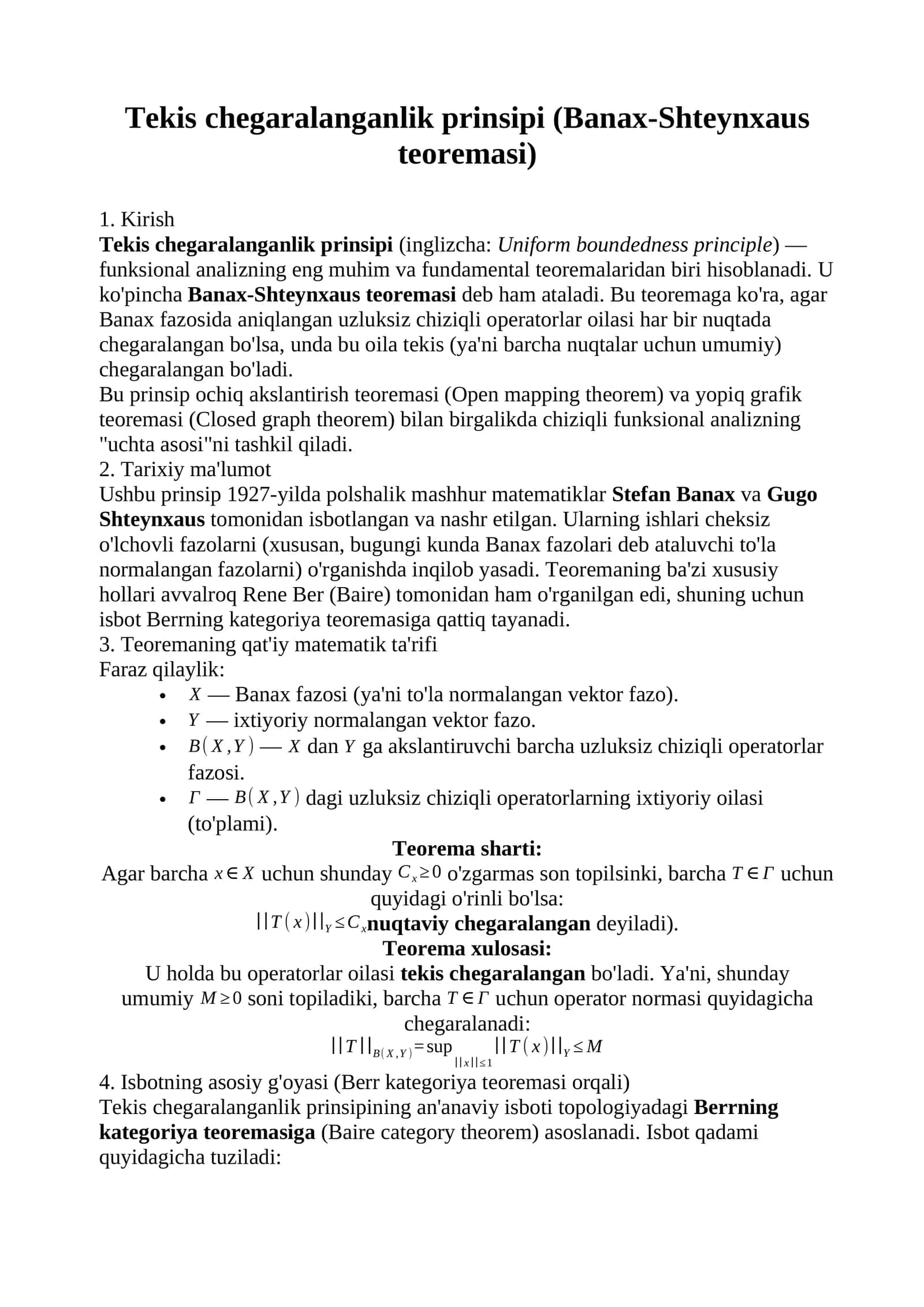 Tekis chegaralanganlik prinsipi (Banax-Shteynxaus teoremasi) 1