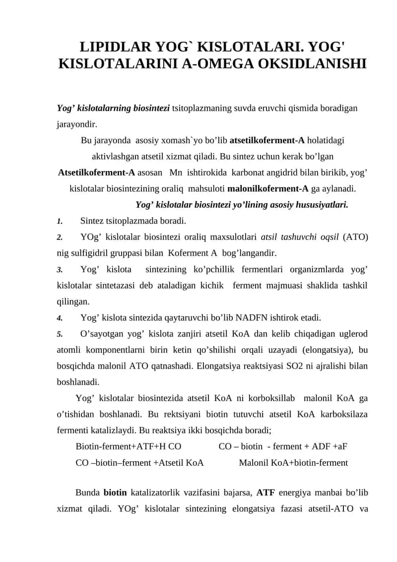 Yog’ kislotalarning biosintezi 1