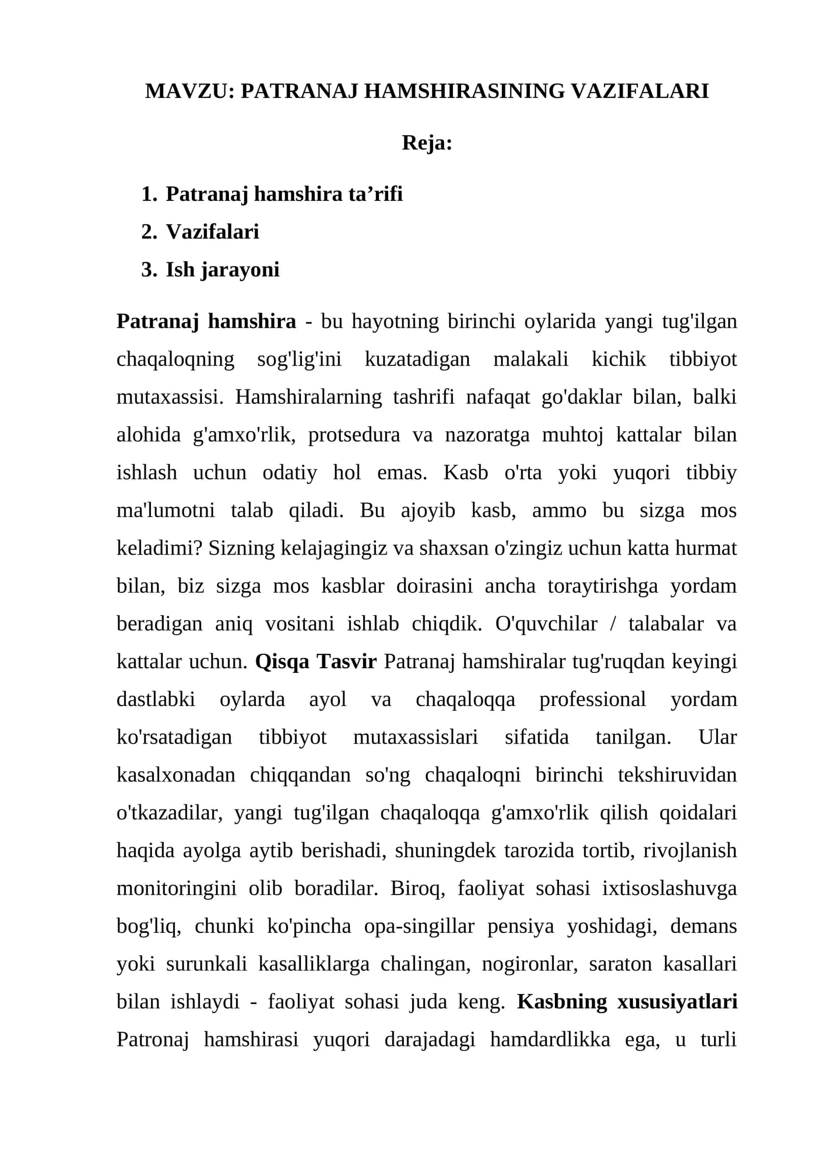PATRANAJ HAMSHIRASINING VAZIFALARI 1