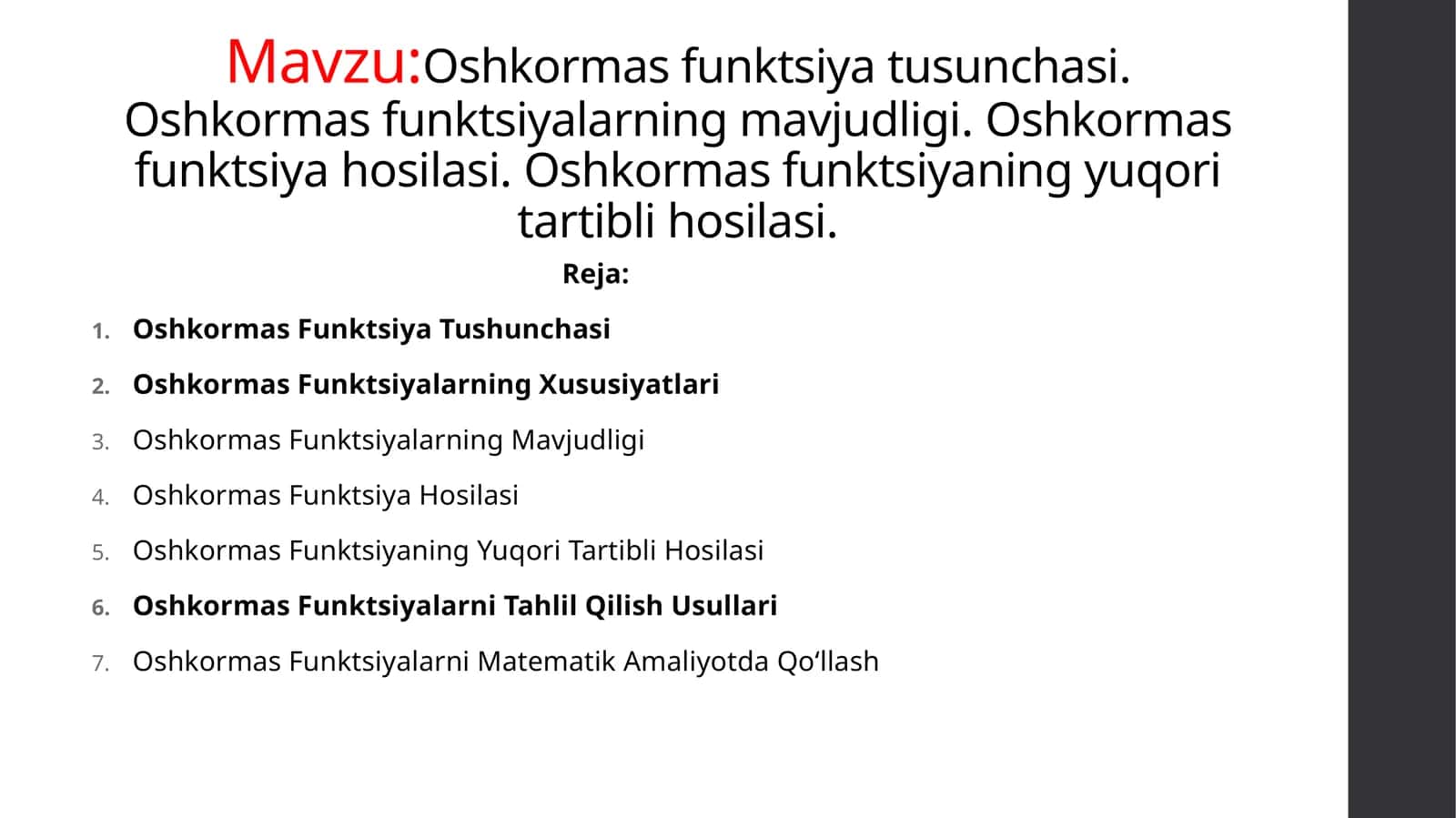 Oshkormas funktsiyatusunchasi 1
