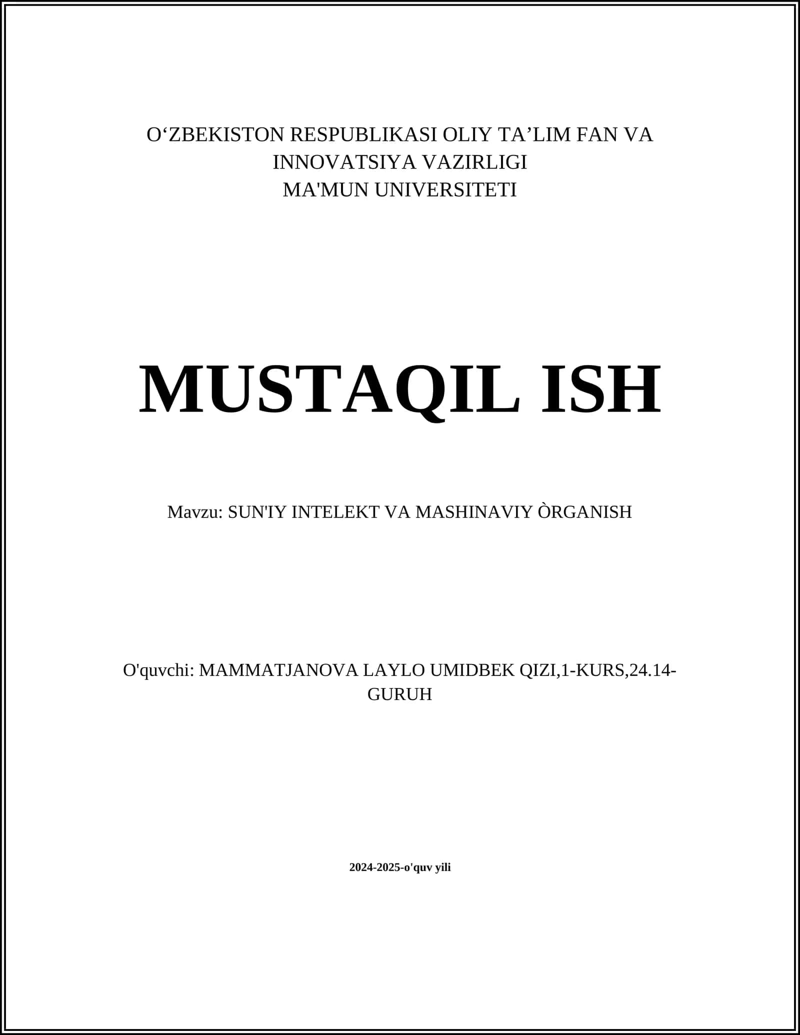 SUN'IY INTELEKT VA MASHINAVIY ÒRGANISH 1