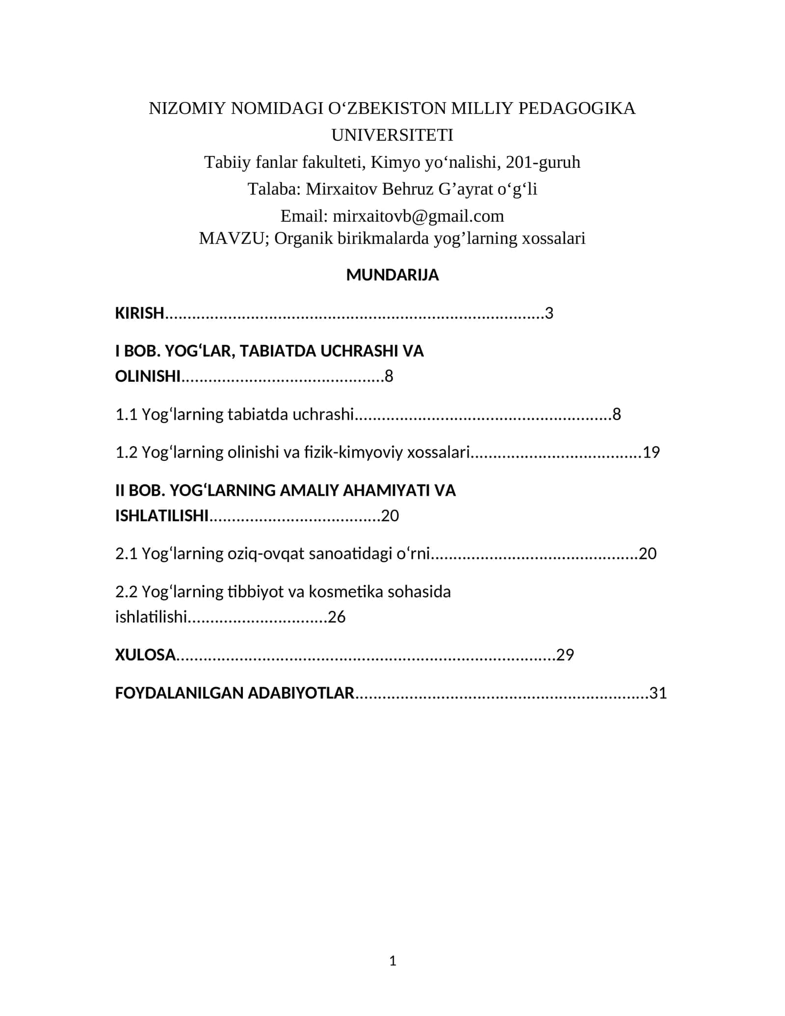 Organik birikmalarda yog’larning xossalari 1