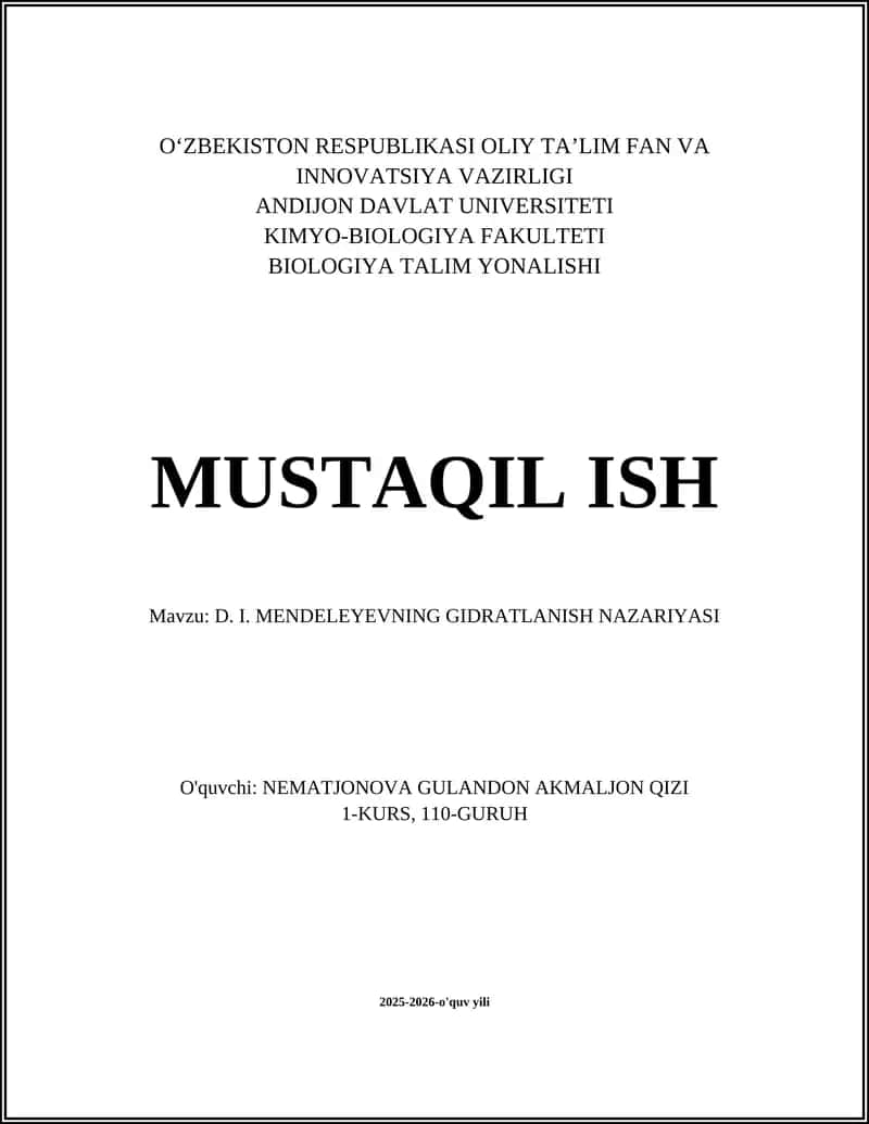 D. I. MENDELEYEVNING GIDRATLANISH NAZARIYASI 1