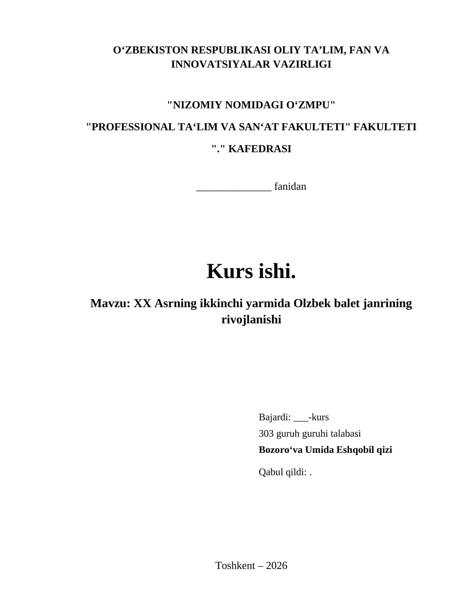 XX Asrning ikkinchi yarmida Olzbek balet janrining rivojlanishi 1