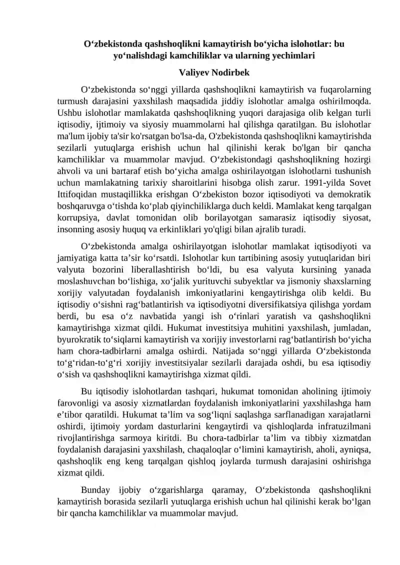 Qashshoqlikni kamaytirish bo‘yicha islohotlar