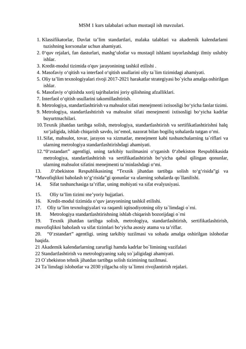 MSM 1 kurs talabalari uchun mustaqil ish mavzulari 1