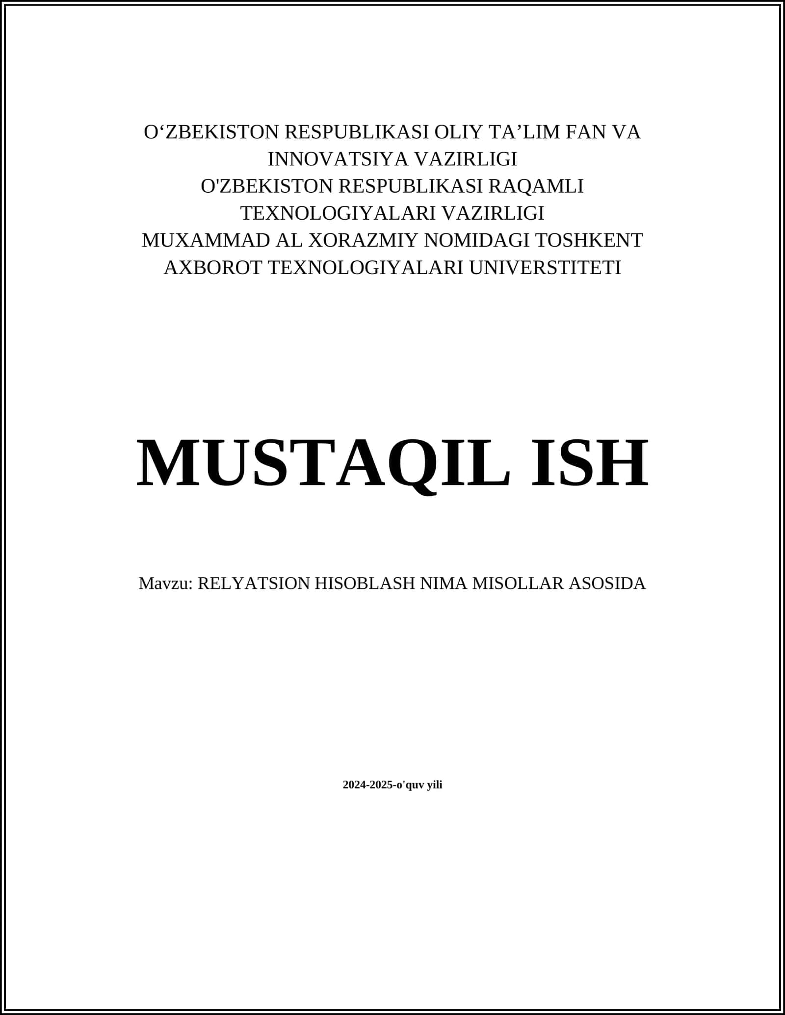 RELYATSION HISOBLASH NIMA MISOLLAR ASOSIDA 1