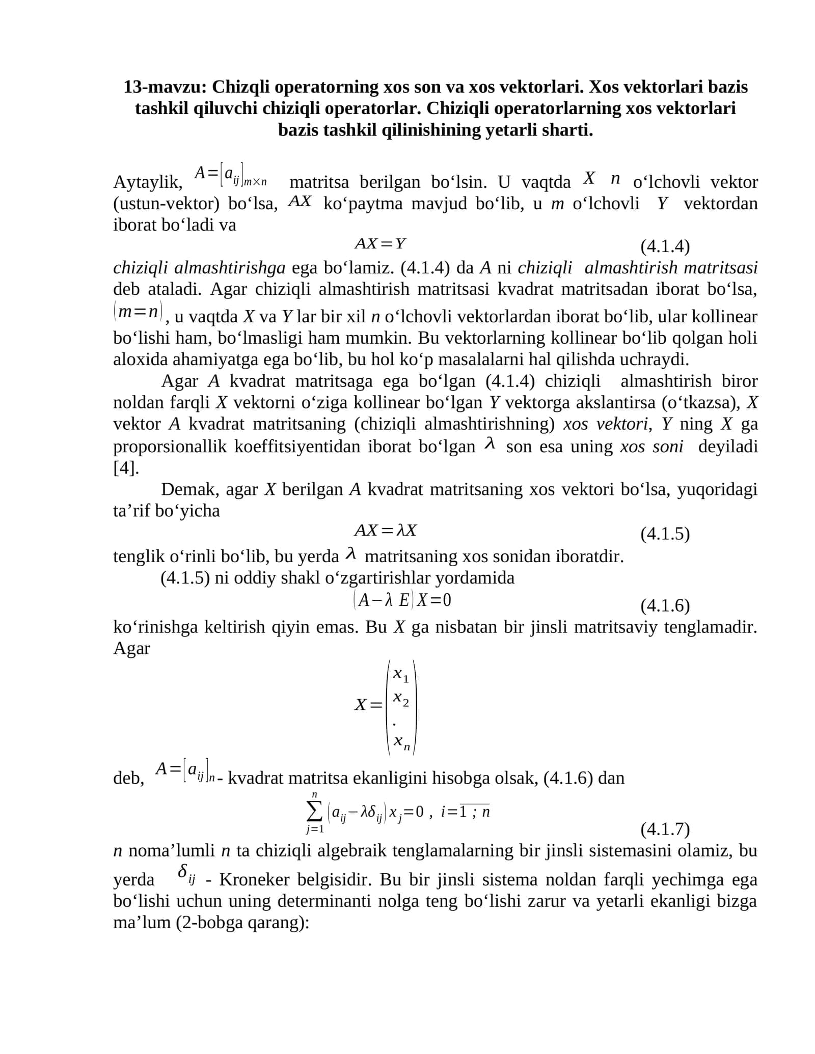 Chizqli operatorning xos son va xos vektorlari 1