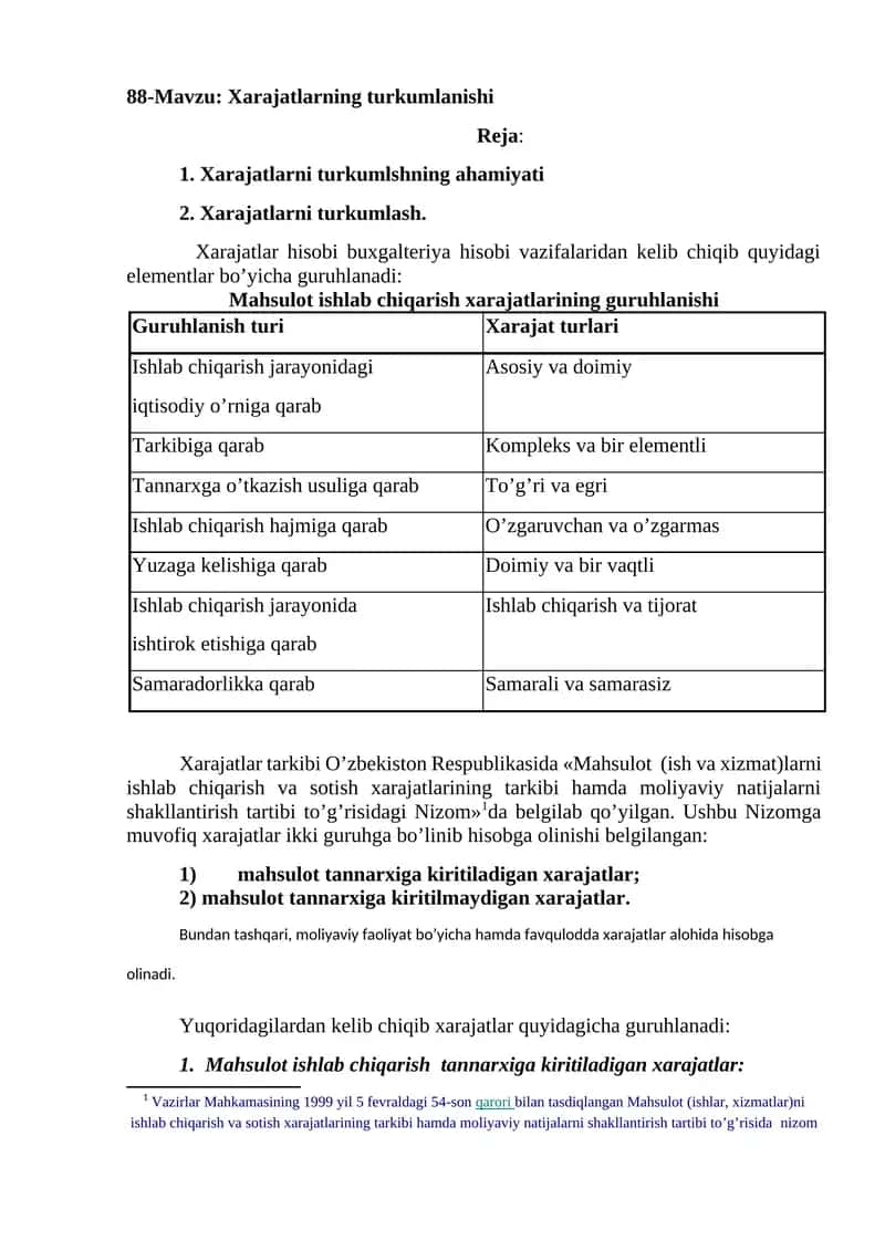 Xarajatlarning turkumlanishi 1