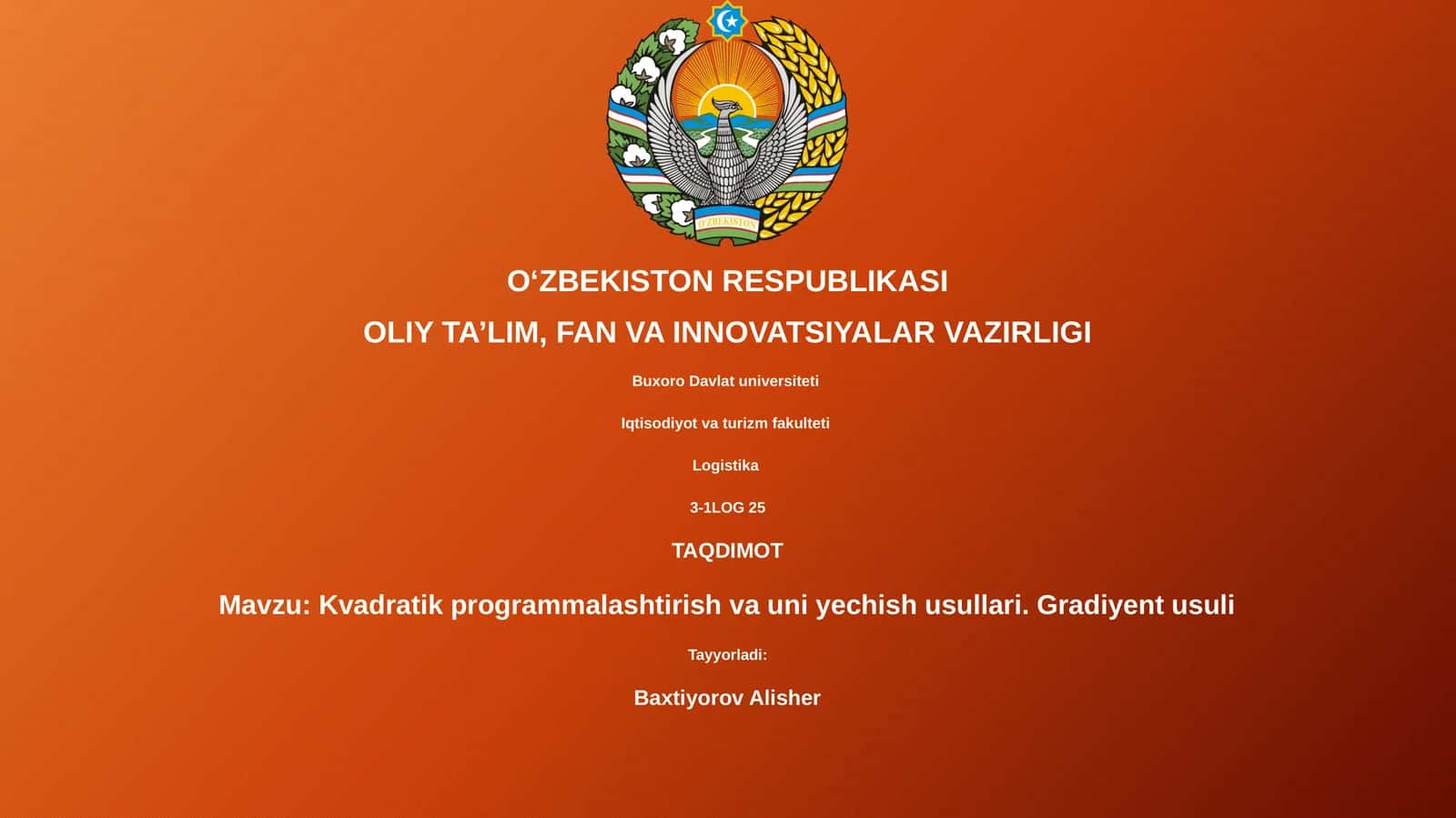 Kvadratik programmalashtirish va uni yechish usullari. Gradiyent usuli 1