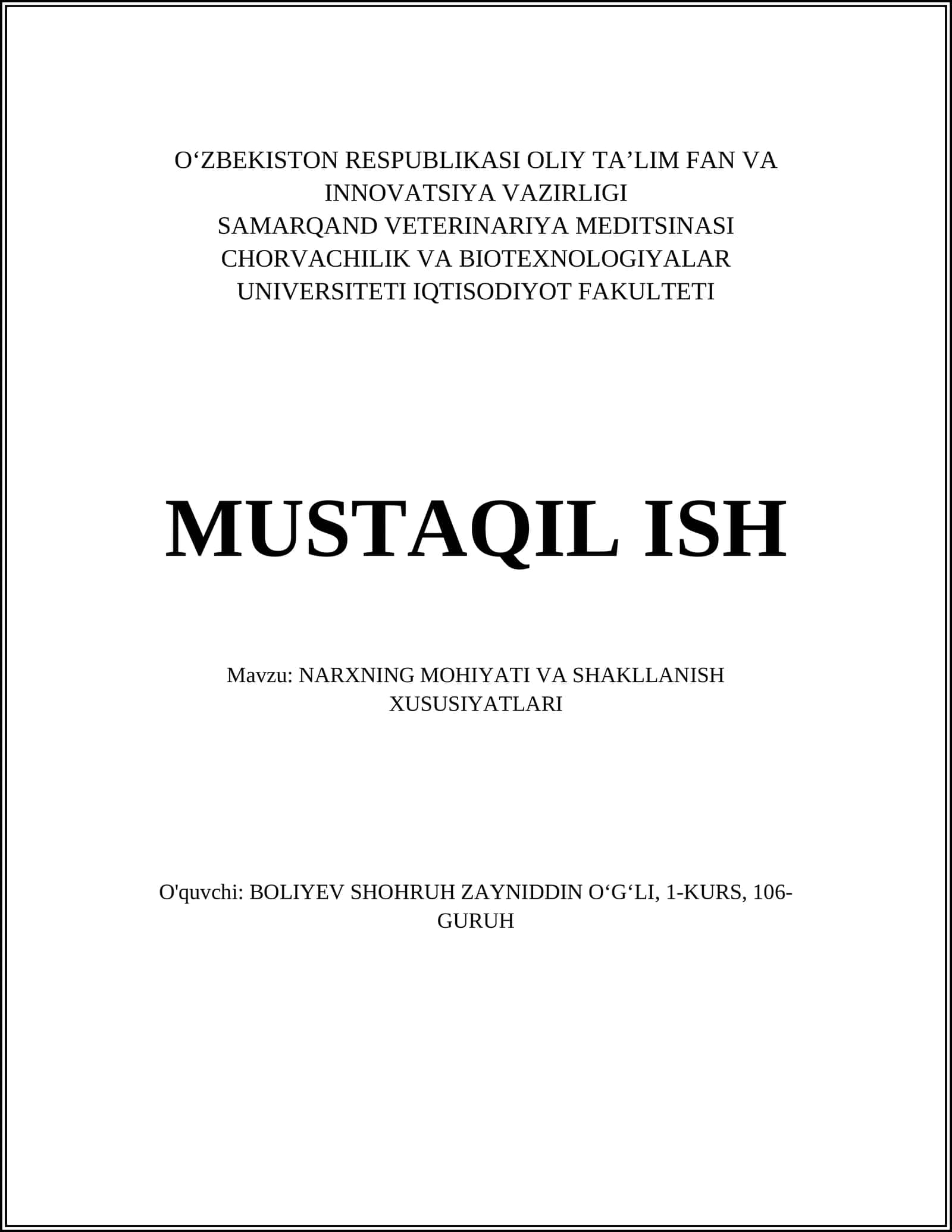 NARXNING MOHIYATI VA SHAKLLANISH XUSUSIYATLARI 1