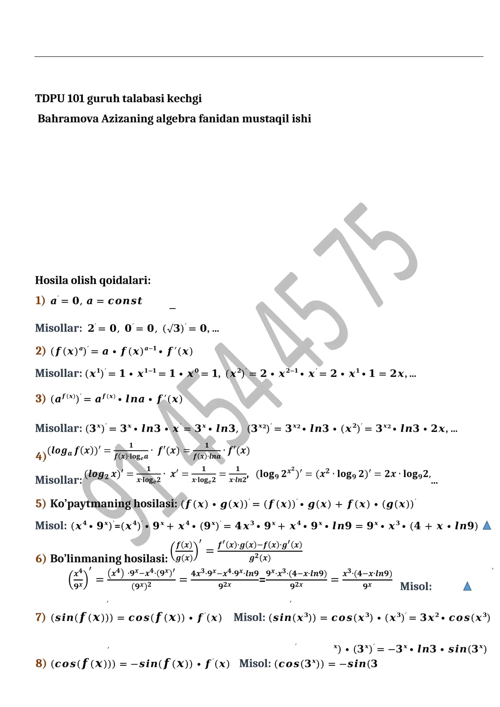 Bahramova Azizaning algebra fanidan mustaqil ishi 1