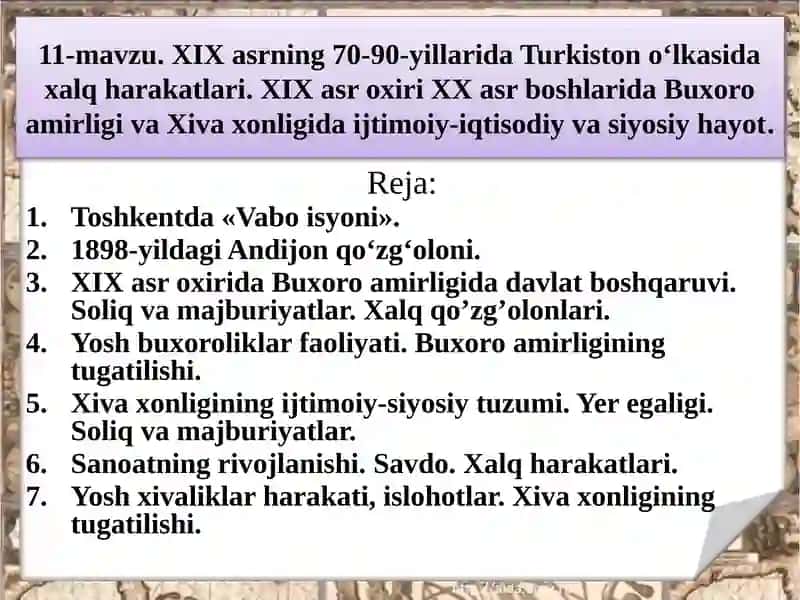 XIX asr Turkistoni O'lkasi Daxalq Harakatlari