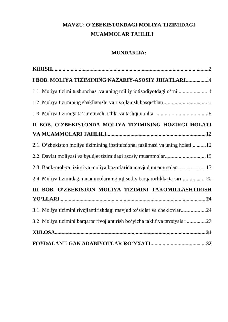 O‘ZBEKISTONDAGI MOLIYA TIZIMIDAGI MUAMMOLAR TAHLILI 1