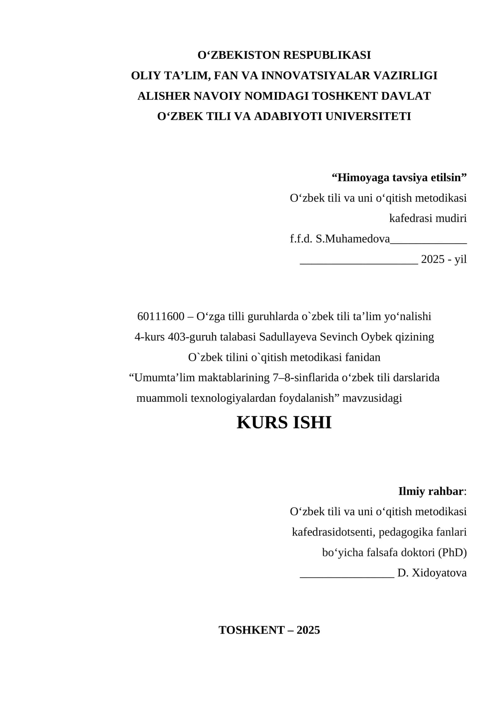 O`zbek tilini o`qitish metodikasi fanidan 1