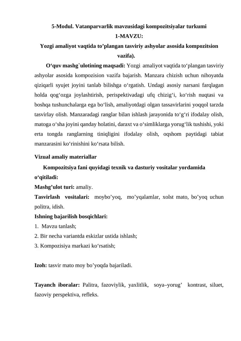 Vatanparvarlik mavzusidagi kompozitsiyalar turkumi 1