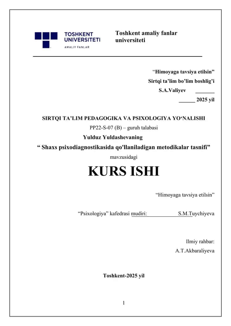 Shaxs Psixodiagnostikasida Qo'llaniladigan Metodikalar Tasnifi 1