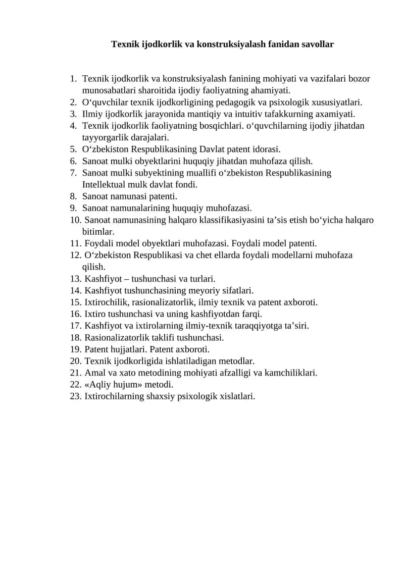 Texnik ijodkorlik va konstruksiyalash fanidan savollar 1