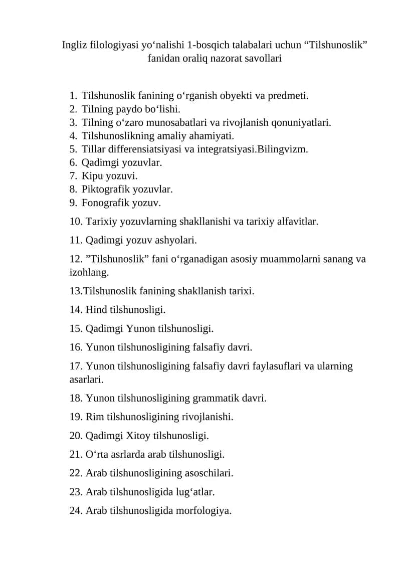 Tilshunoslik fanidan oraliq nazorat savollari 1