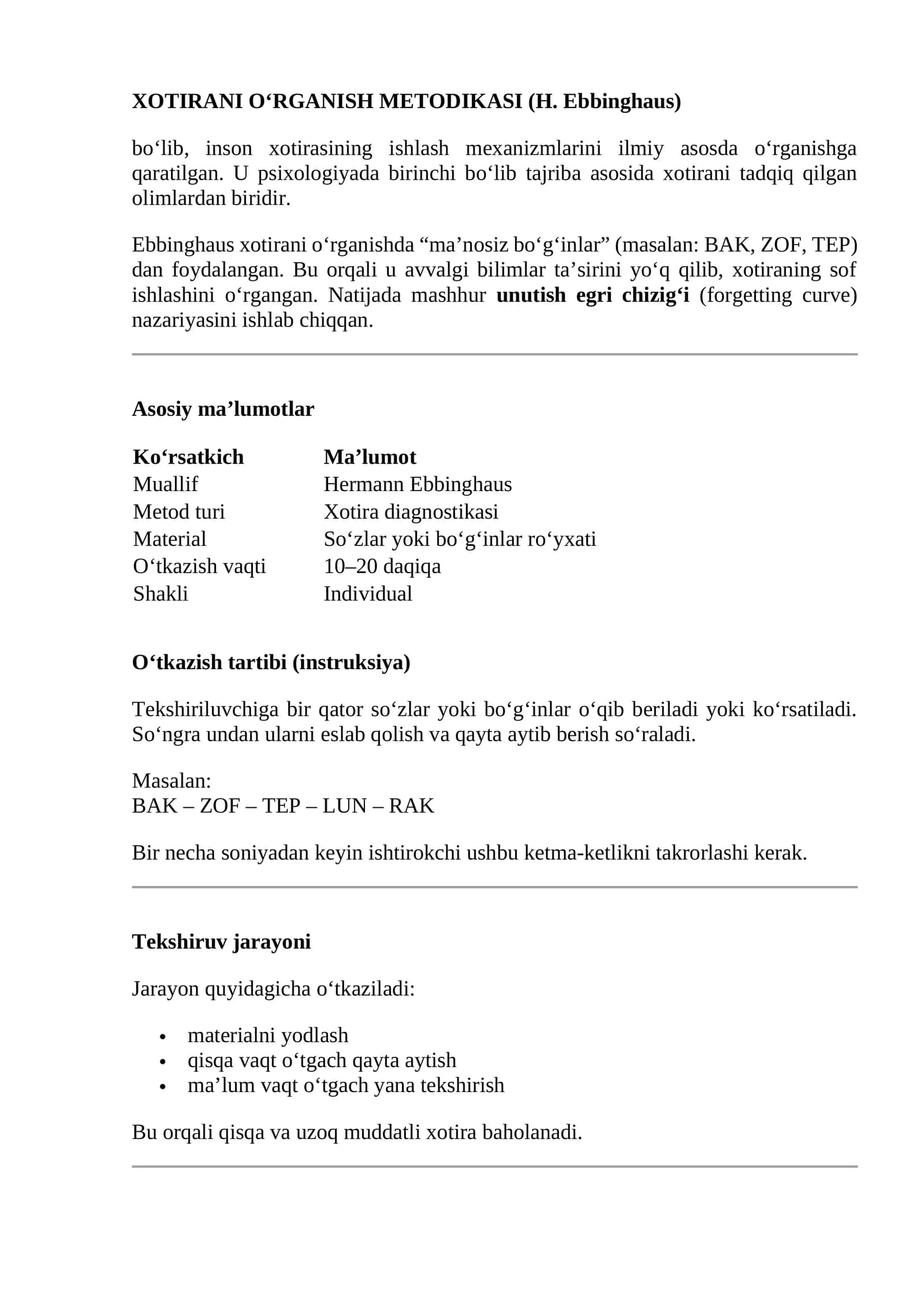 XOTIRANI O‘RGANISH METODIKASI (H. Ebbinghaus) 1