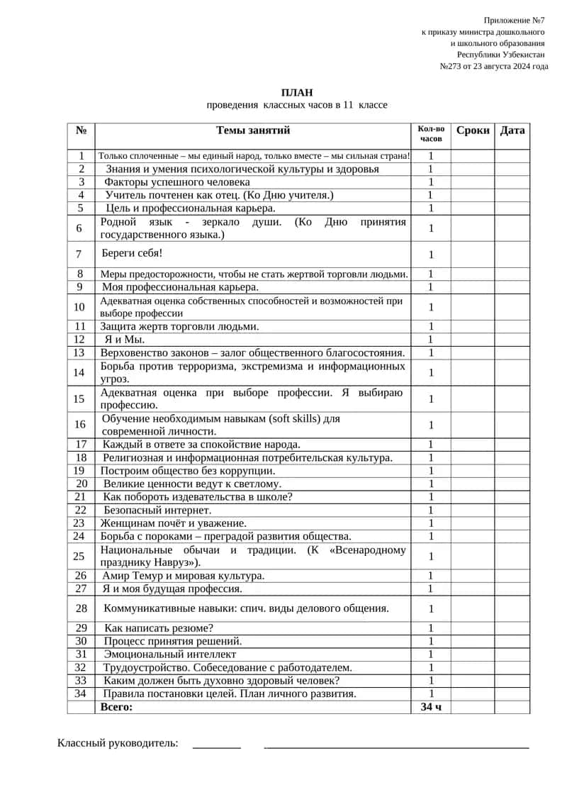 ПЛАН проведения классных часов в 11 классе 1