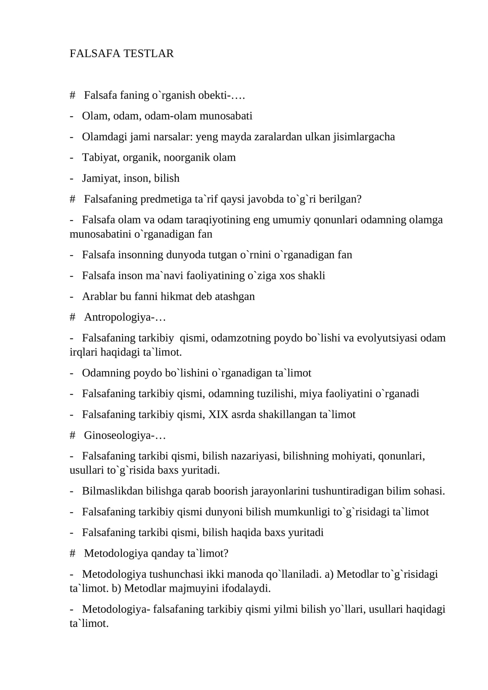 FALSAFA TESTLAR 1