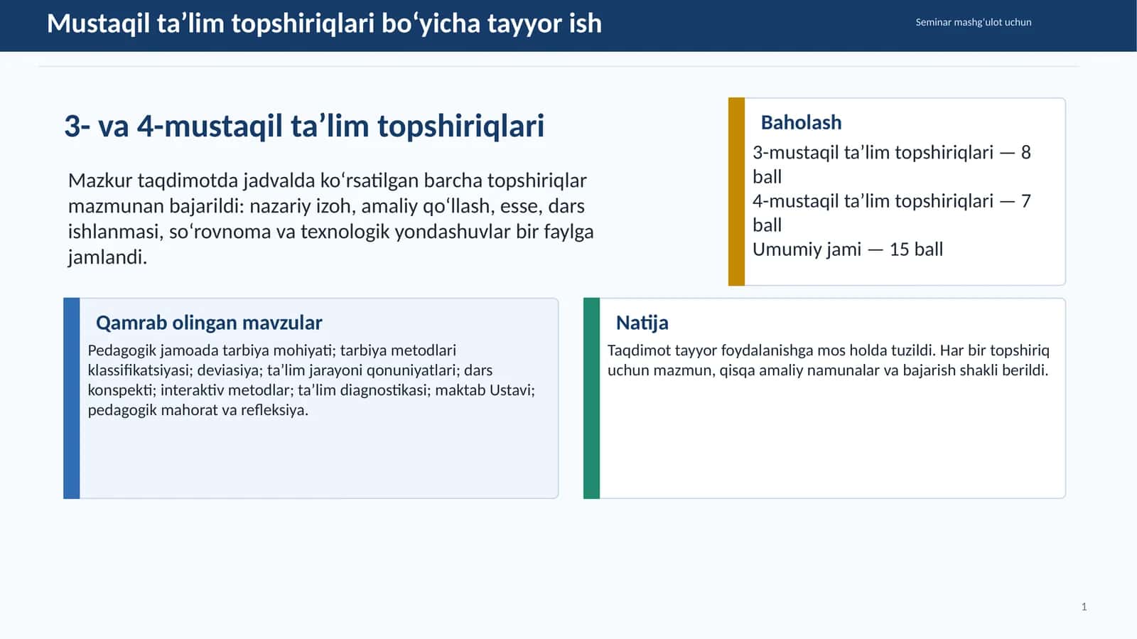 Mustaqil ta’lim topshiriqlari bo‘yicha tayyor ish 1