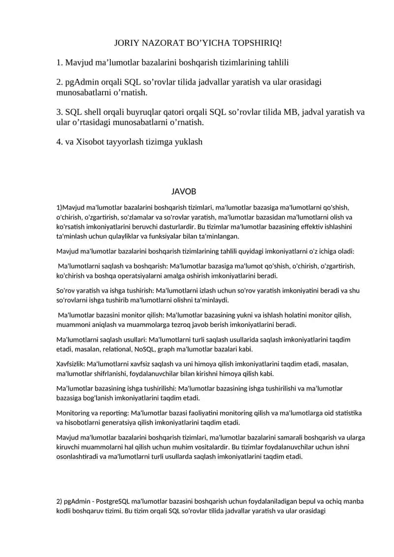 JORIY NAZORAT BO’YICHA TOPSHIRIQ 1