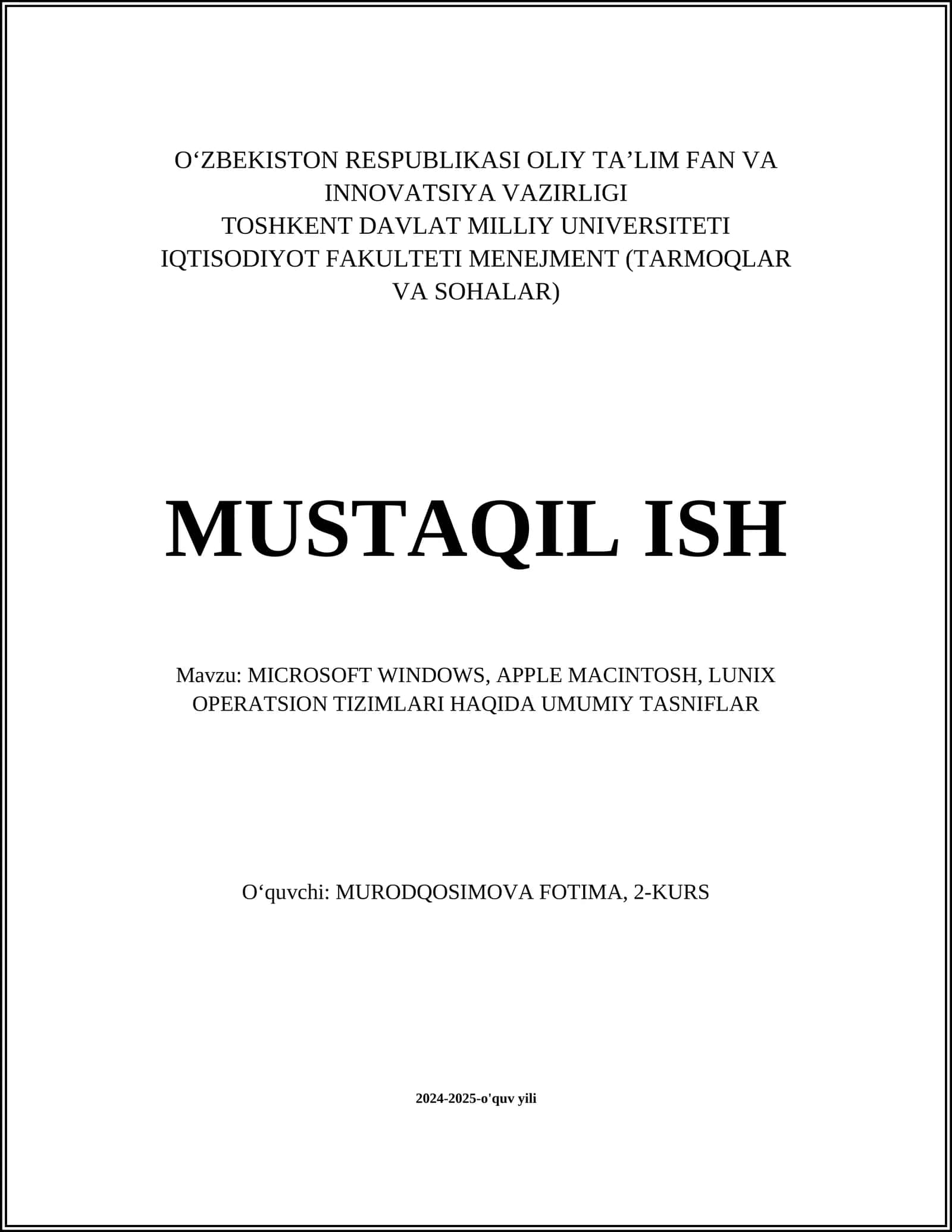 MICROSOFT WINDOWS, APPLE MACINTOSH, LUNIX OPERATSION TIZIMLARI HAQIDA UMUMIY TASNIFLAR 1