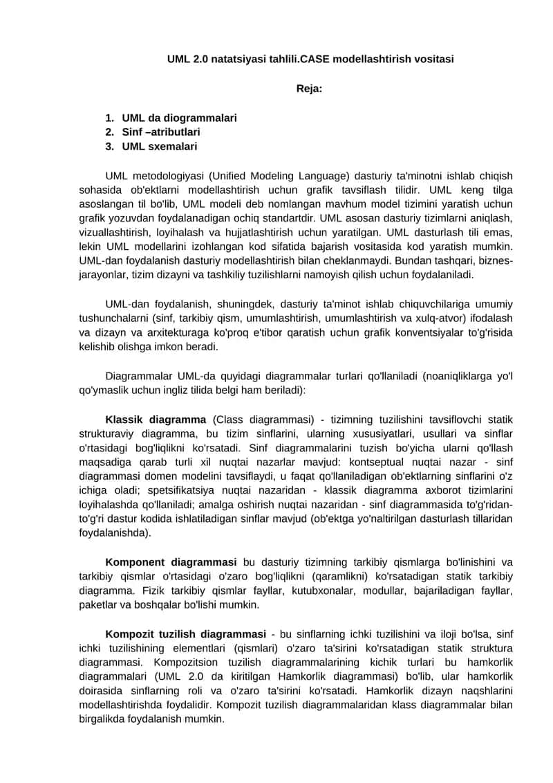 UML 2.0 natatsiyasi tahlili.CASE modellashtirish vositasi 1