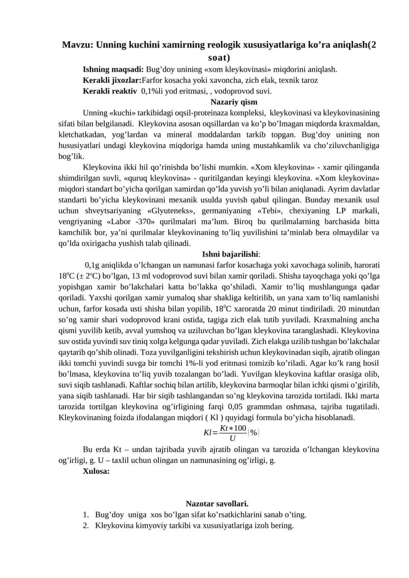 Unning kuchini xamirning reologik xususiyatlariga ko’ra aniqlash 1