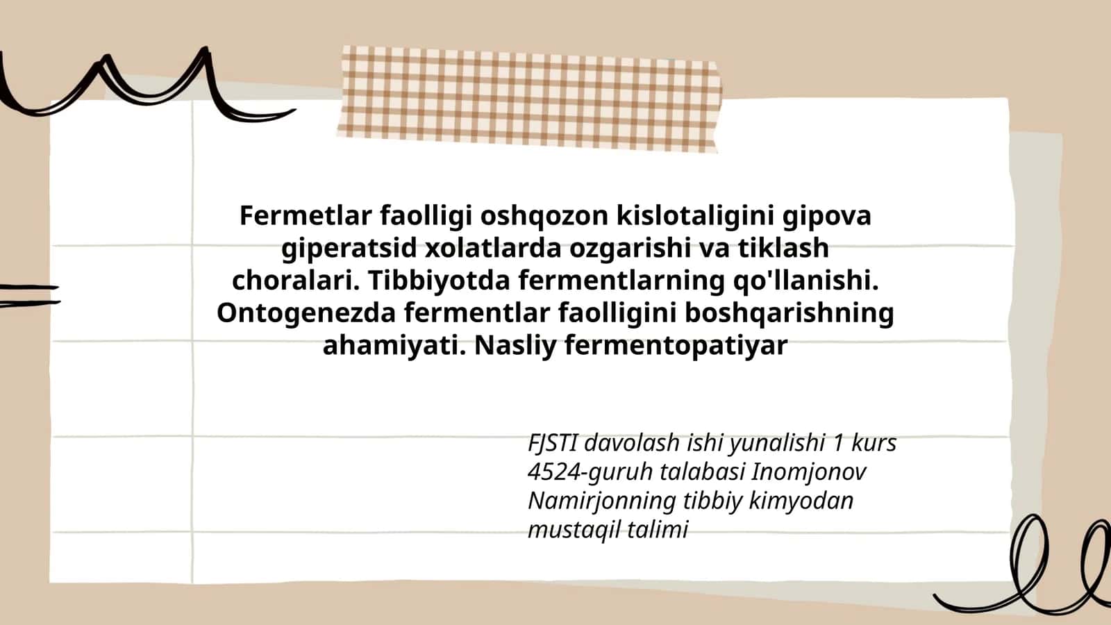 FJSTI davolash ishi yunalishi 1 kurs 4524-guruh talabasi Inomjonov Namirjonning tibbiy kimyodan mustaqil talimi 1