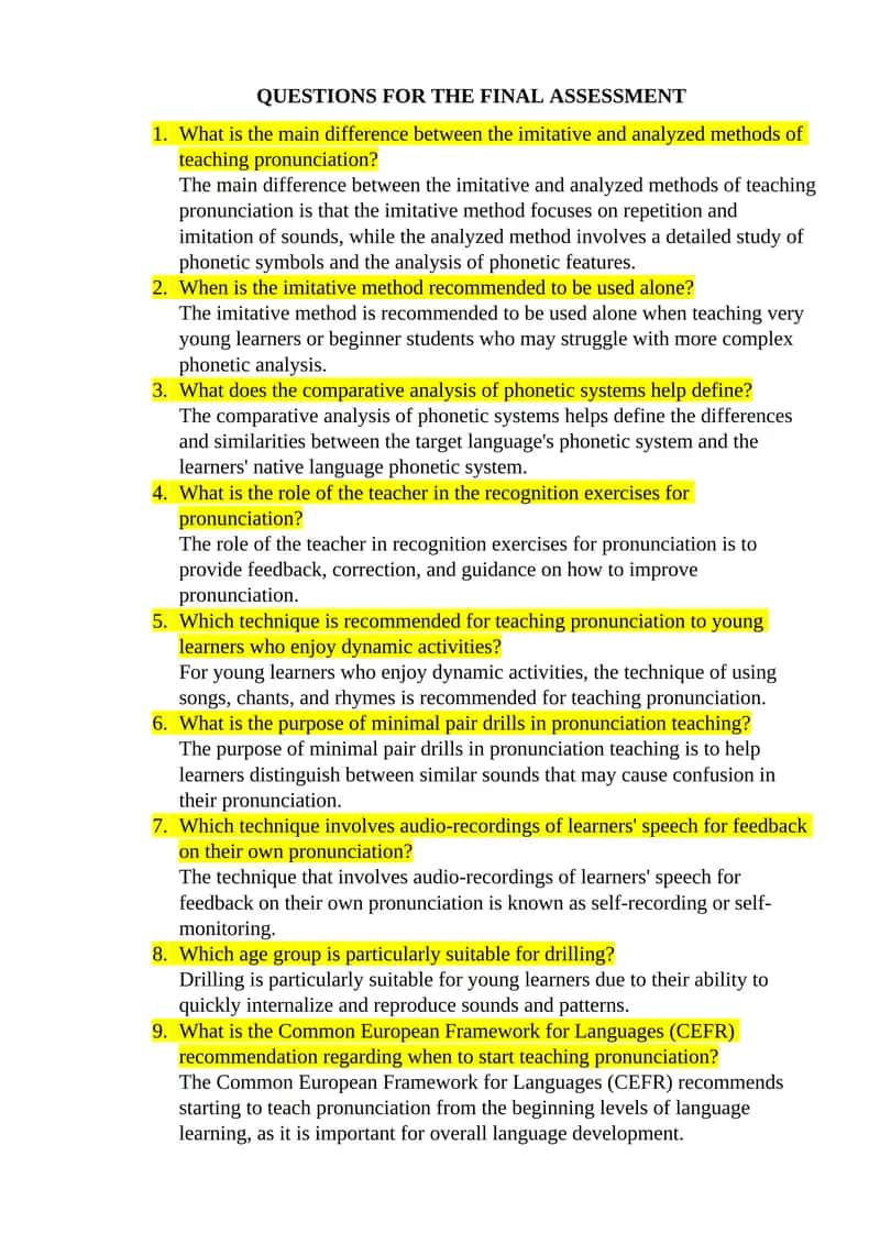 Final Assessment Questions on Teaching Pronunciation 1