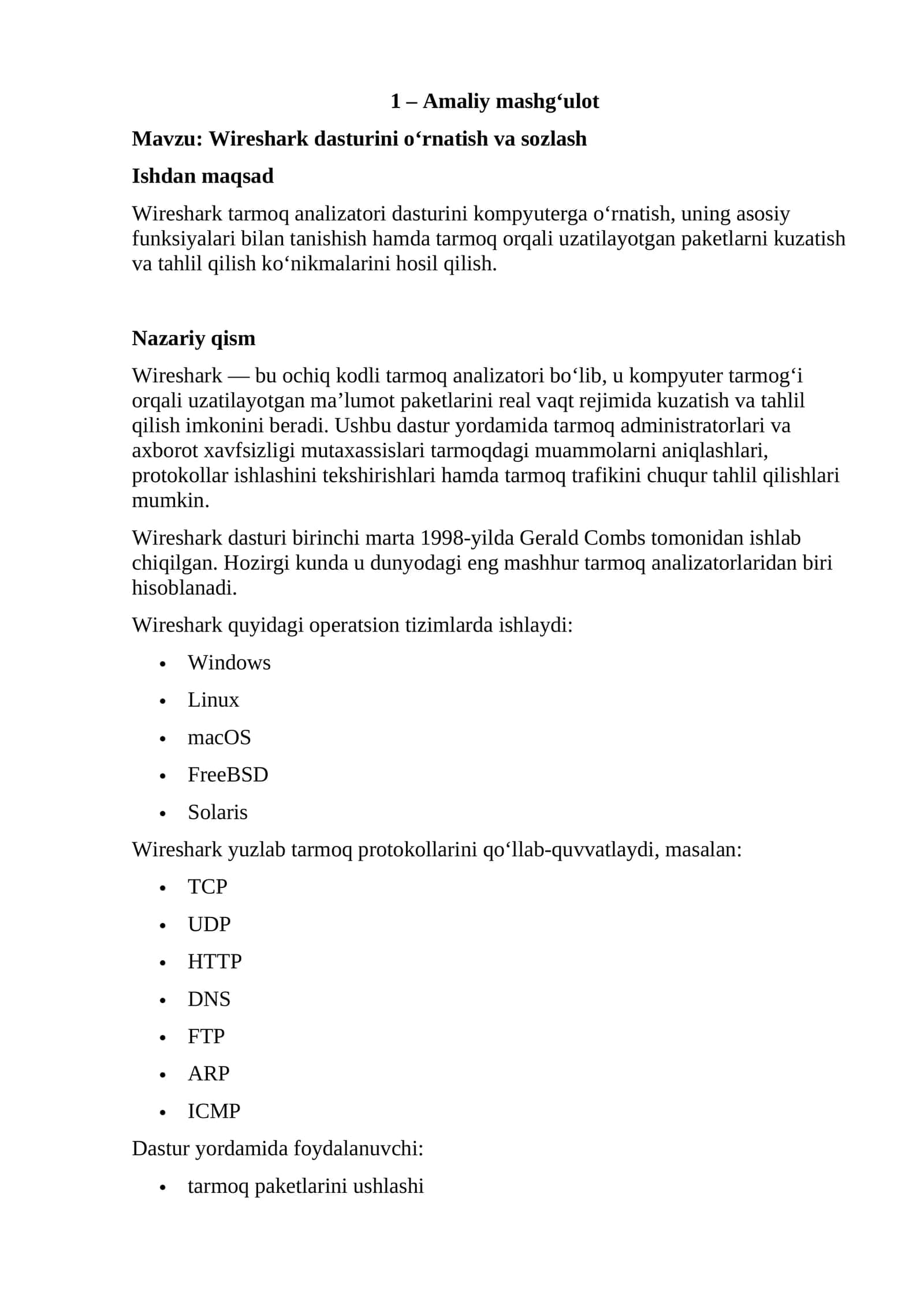 Wireshark dasturini o‘rnatish va sozlash 1