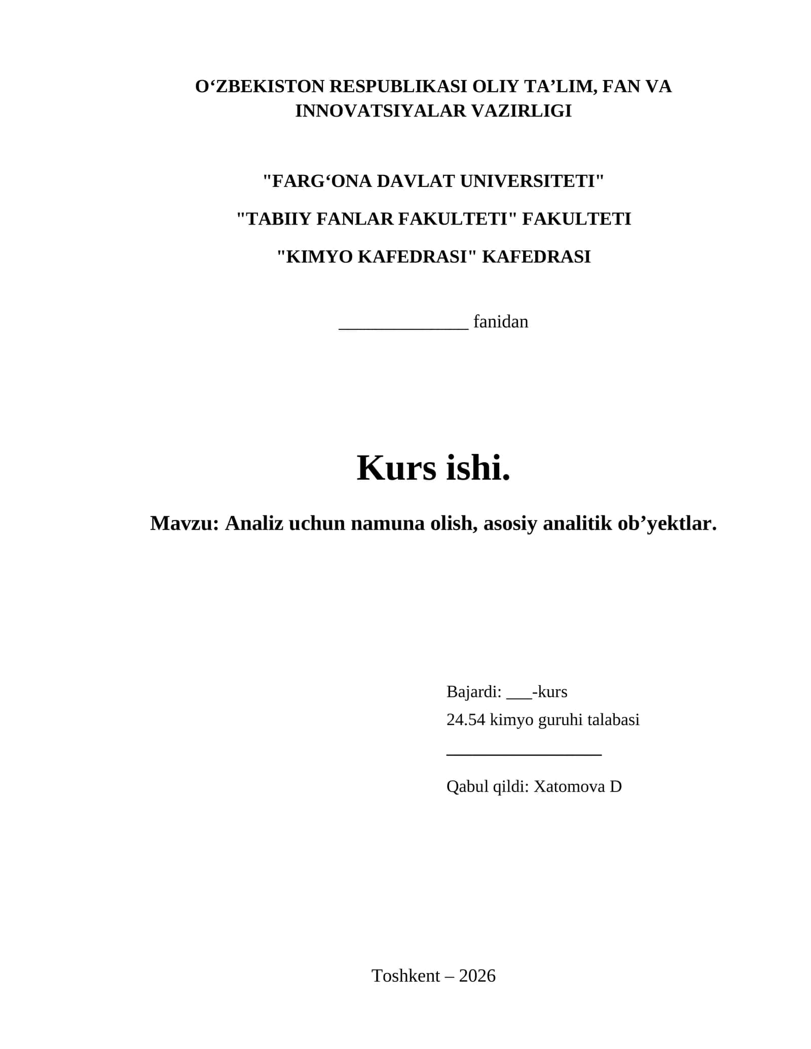 Analiz uchun namuna olish, asosiy analitik ob’yektlar. 1