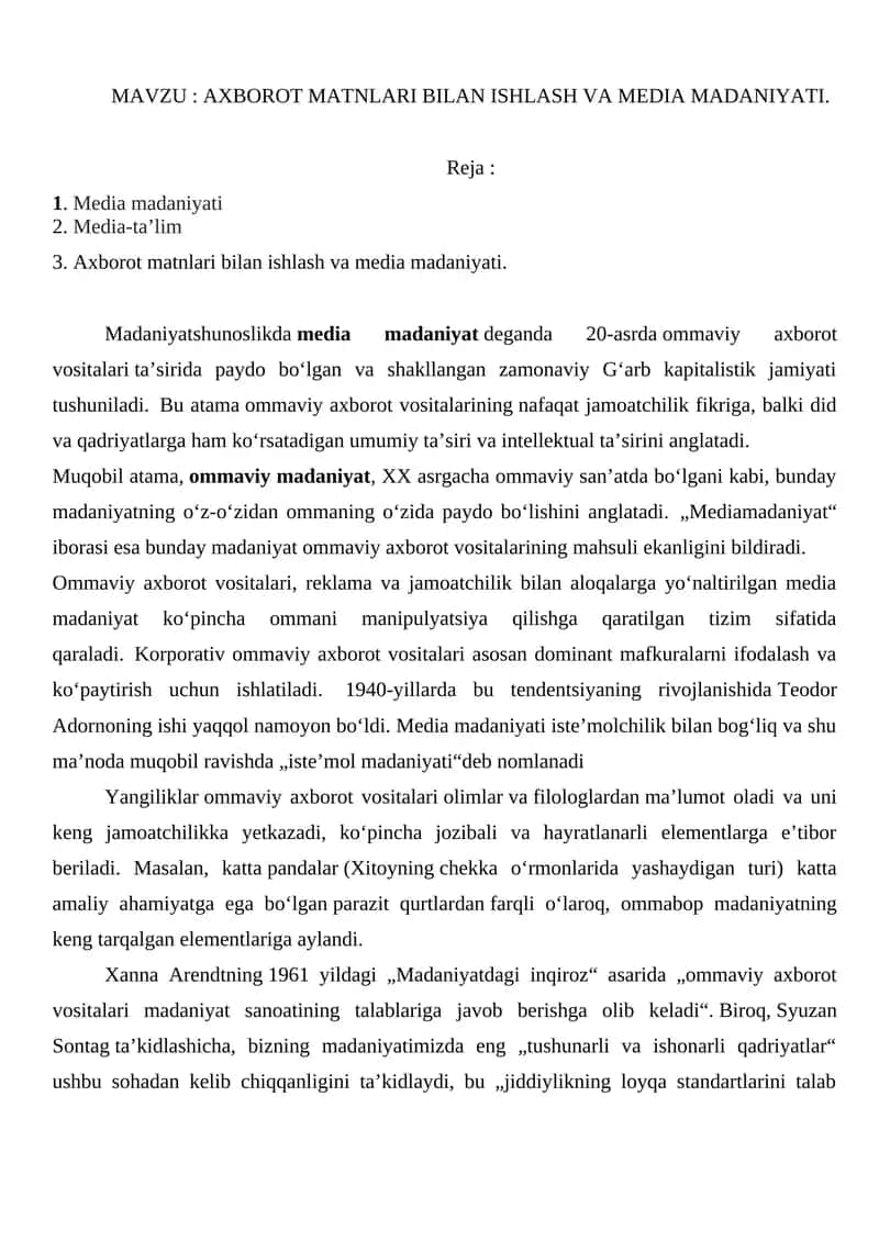 AXBOROT MATNLARI BILAN ISHLASH VA MEDIA MADANIYATI 1