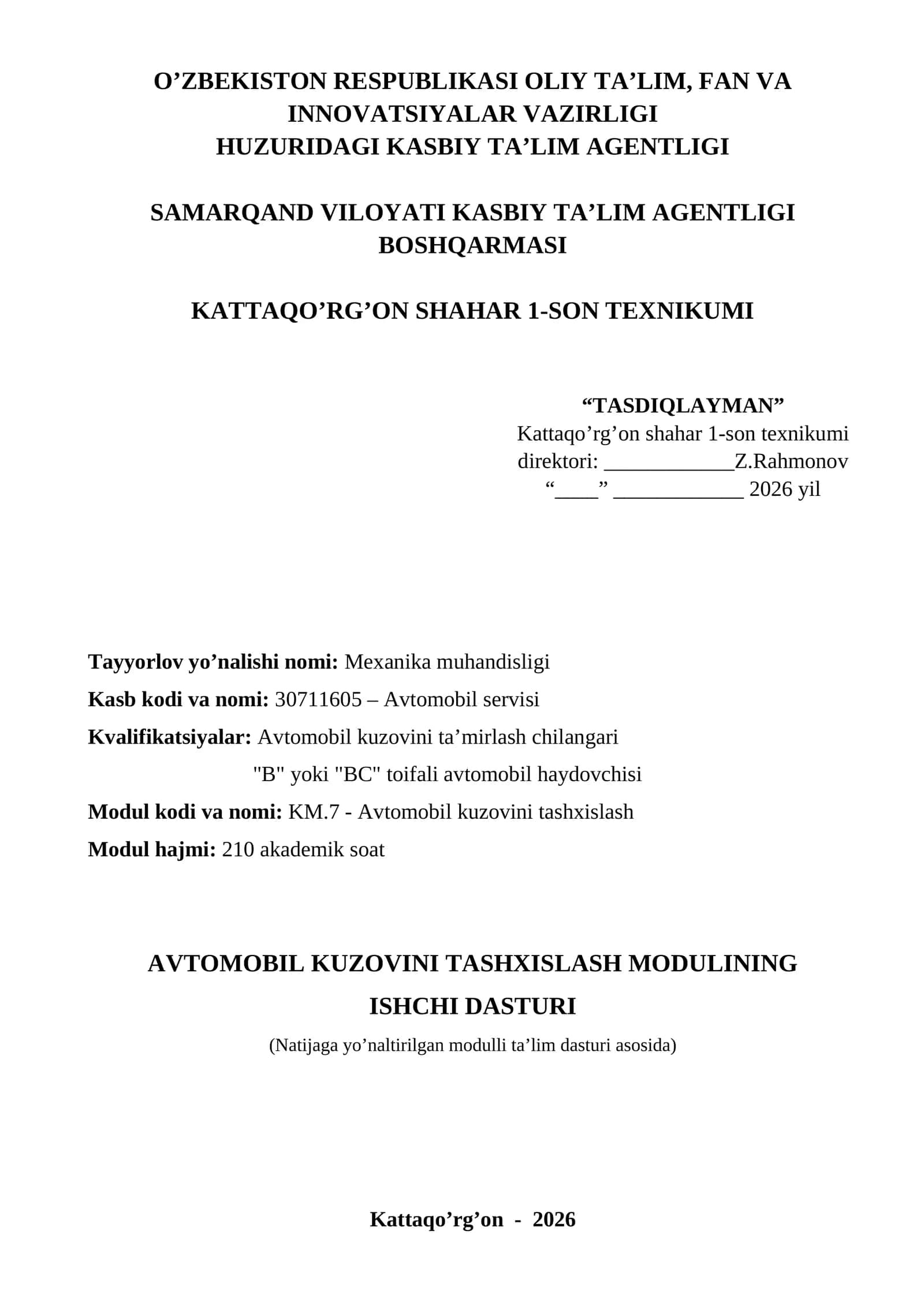 (Modul)Avtomobil kuzovini tashxislash Ishchi dastur 1